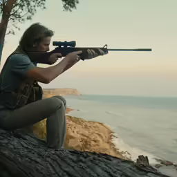a man with a rifle on his knee looking at something