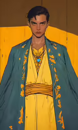 a painting of a young man in a colorful outfit