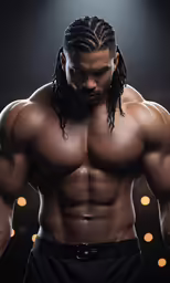 a black man in his underwear is standing with his long hair in his buns