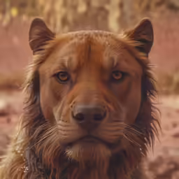 a wet brown dog standing in the sand