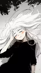 a girl is shown with white hair and an evil look