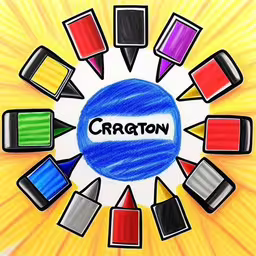 this is a photo of crayons in a circle with the word crayon,a drawing of crayons and a drawing of an exemplate of a circle of crayon pencils,an illustration of a cartoon with the word crayon written across it,there is a drawing that says crackton surrounded by crayons,an image of an advertisement with colorful crayons