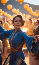 a woman is wearing a blue costume and standing in front of a large group