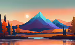 a painting of mountains and water with trees in front of them,a digital painting of a mountain and trees