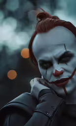 a clown with red hair wearing a leather jacket
