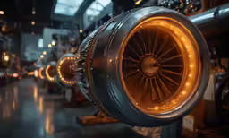 large engine sitting inside of a building surrounded by lights