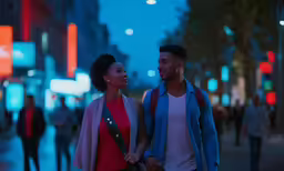 a man and woman standing together on a city street