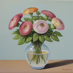 this is a painting of flowers in a vase,a picture of some flowers in a vase,some pretty flowers in a glass vase filled with water,an oil painting of a vase with flowers in it,a painting of pink and yellow flowers in a glass vase