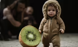 a small child in animal outfit next to a kiwi