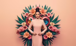 a woman standing next to flowers and a wall