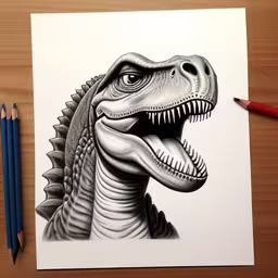 a drawing of a dinosaur with a t - shirt,a drawing of a t - rexon with a pencil in it,the head of a dinosaur with an open mouth,a drawing of a dinosaur on paper next to two pencils,a close up of a drawing of a t - shirt - necked dinosaur with its mouth open