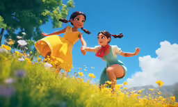 two women in dresses are running through a field