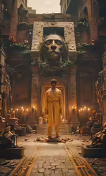an animation scene shows the character in a gold outfit