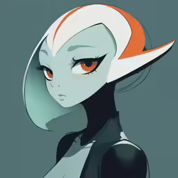 a girl in black and white clothing with orange eyes