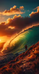 a person stands on the sand as a wave crashes in,a man is on the edge of a large wave