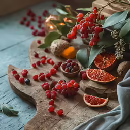 blood oranges and berries are arranged on a wooden cutting board