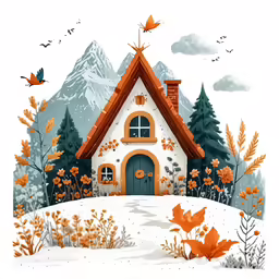 a painting of an autumn house with fall leaves