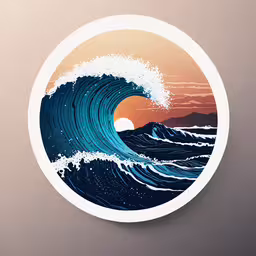 a circular picture that shows an ocean wave,the ocean waves in this circle shape are painted with a bright blue and yellow hue
