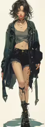 a drawing of a woman wearing boots and short shorts,a woman in short shorts with lace and boots