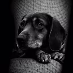 black and white photo of a dog resting on a couch