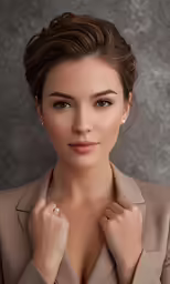 the beautiful woman in the brown suit is posing for the camera