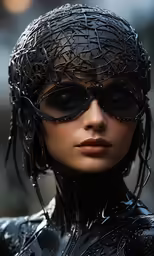 a young woman in metal clothes with a mask and a leather belt