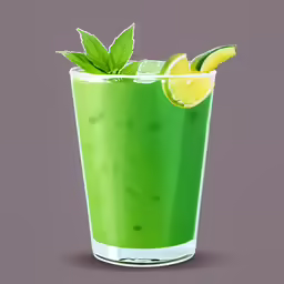 a bright green drink with a lemon slice and mint
