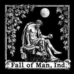a black and white image of a woman sitting on the bench, with the words fall of man, india