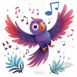 a cartoon bird with music notes is flying