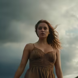 a woman is shown walking with a brown dress