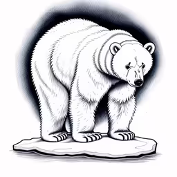 black and white bear standing on top of an iceberg,an illustration of a polar bear standing on ice,a drawing of a polar bear standing on top of an ice floe,a white bear standing on a piece of ice,a polar bear standing on a small piece of ice