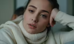 a woman with her hand on her forehead and wearing a sweater