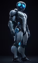 a robotic standing in the dark with its arms crossed