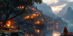 a painting that shows a landscape with mountains and trees