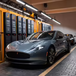 a line of cars are parked inside of a car washroom