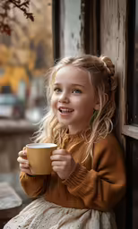 a small girl holding a cup smiling and drinking from it
