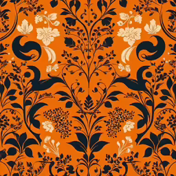 an orange background with black and white flowers and swirls