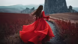 a woman walking along a dirt road next to a tall rock