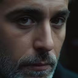 a man with a goatee stares intently