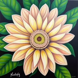 a close up of a flower painting with green leaves,painting of a sunflower with green leaves and petals