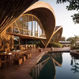 a house with some glass walls next to a pool
