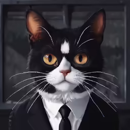 a black and white cat in a suit with an orange eye