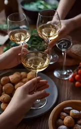 the person holds a wine glass in their hand near some vegetables