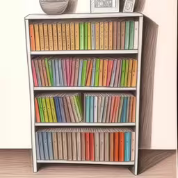 a drawing of a book shelf with books and plants on it,a drawing of a bookshelf and a picture frame,a painting of a white shelf with some books,this is a drawing of a bookshelf with a vase on top of it,a pencil drawing of a shelf with books and a vase