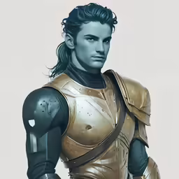 a man with long hair in armor and a helmet