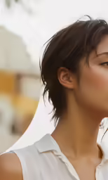 a woman wearing a white shirt blowing her nose with her hands