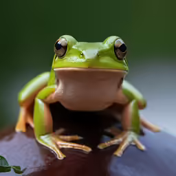 a green frog with brown eyes looking to the right