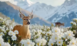 a white - tailed deer with antlers standing in some white flowers