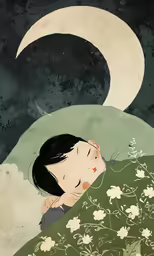 a painting of a young woman holding a green pillow in the air