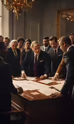 people in suits sit around a large table as other look on